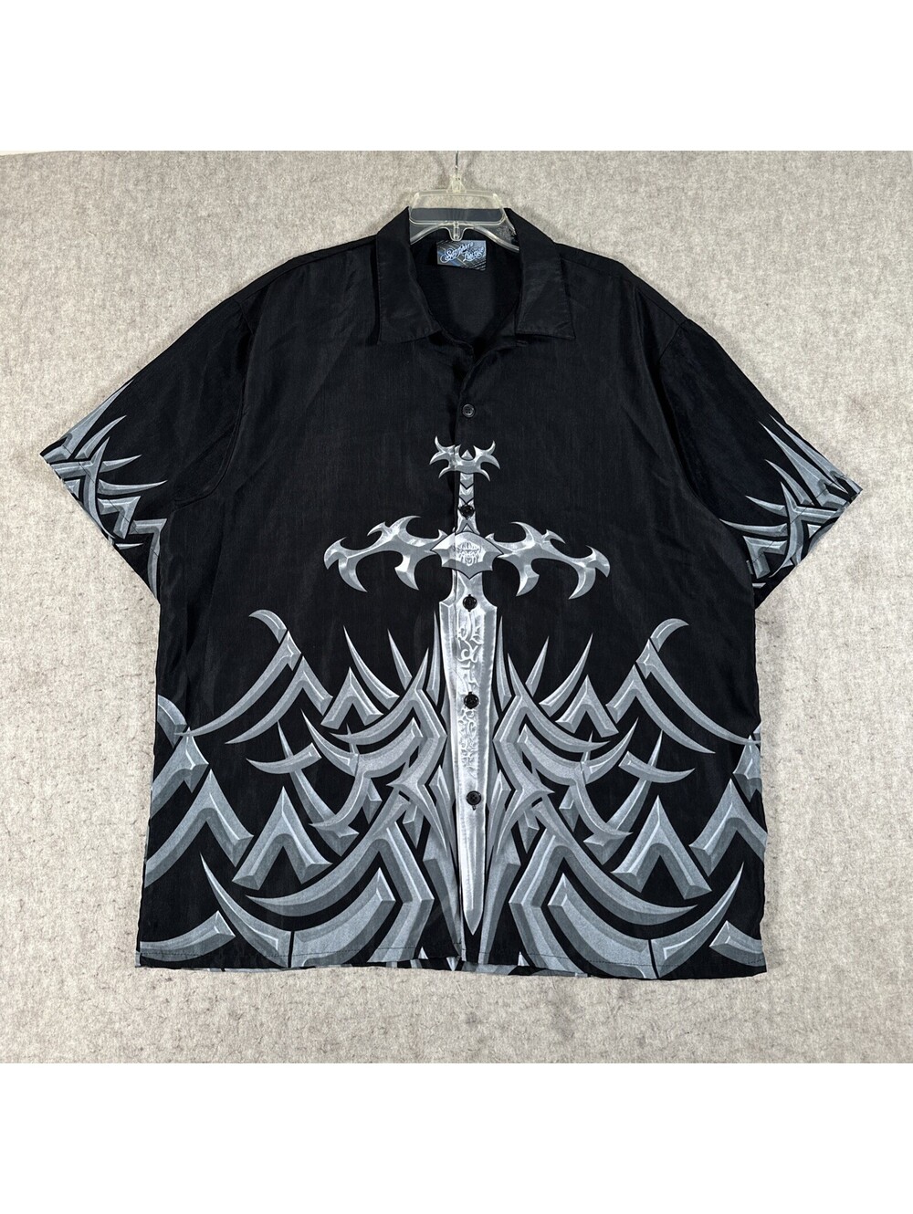 Sapphire Lounge Shirt Mens XL Black Silver Sword Tribal Graphic Button Down Y2K